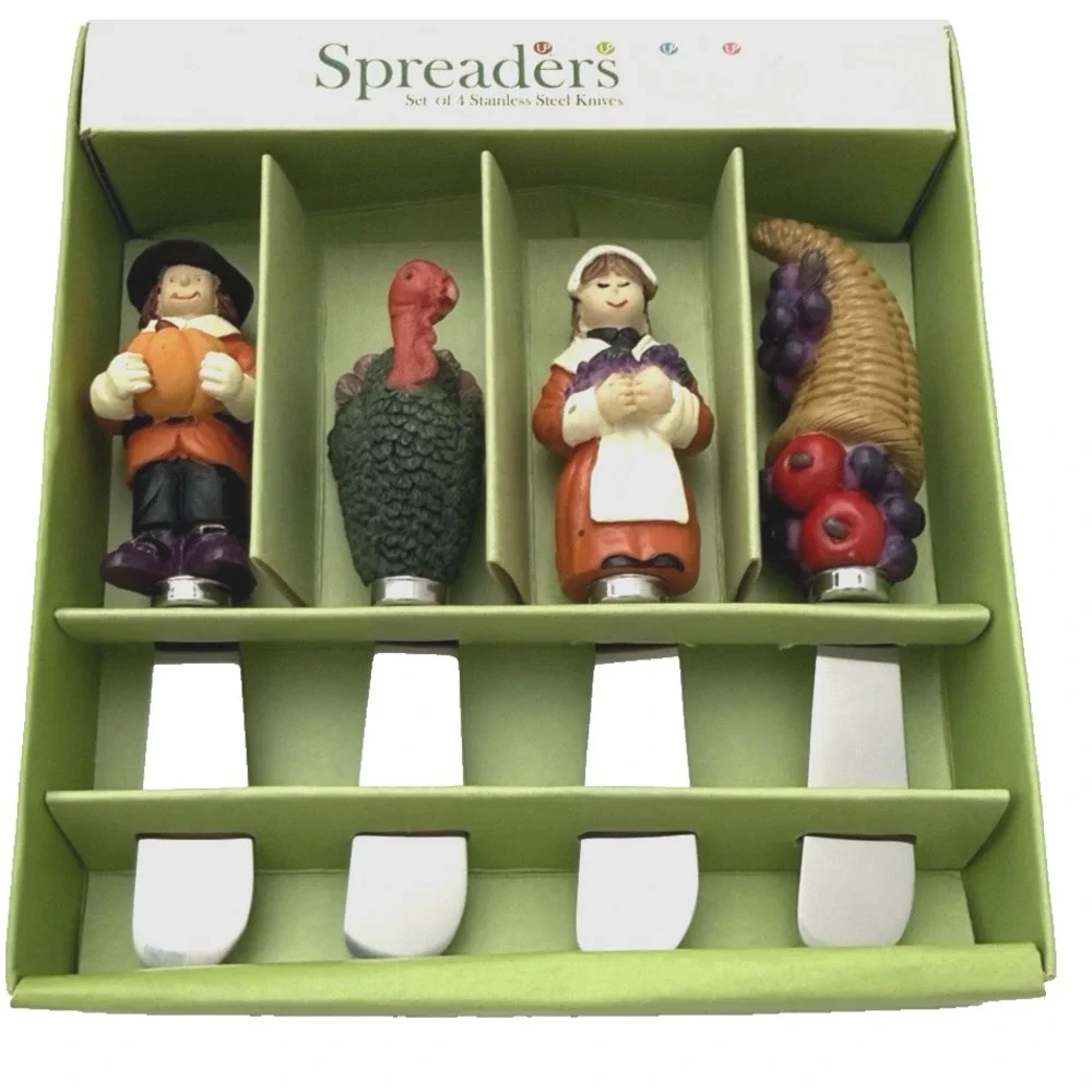 Thanksgiving Stainless Steel Cheese Butter Spreader Knives Set of 4 NEW in Box